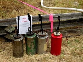 Color photograph of four drip torch canisters of multiple colors