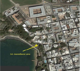 Map of southern beach area in San Juan National Historic Site with point near Plazuela La Rogativa labeled 1st Amendment area