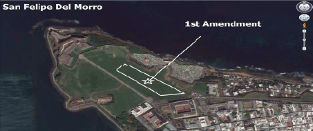 Map of Castillo de San Felipe Del Morro with the eastern grassy area labeled 1st Amendment