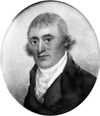 A miniature portrait of a man in late 19th century costume, with a white neck cloth and a dark jacket