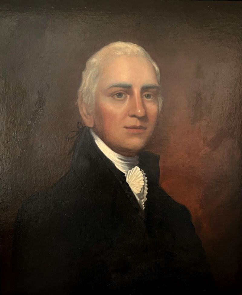 A painted portrait of a man with white hair, a white collar, and black coat.