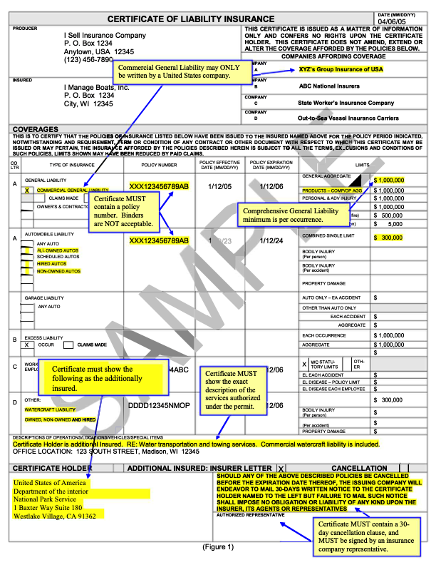 Sample Certificate of Liability Insurance showing typical layout, fields, and insurance coverage sections. Not a fillable form.