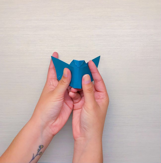Two hands folding the whole shape in half along the center crease and backward.