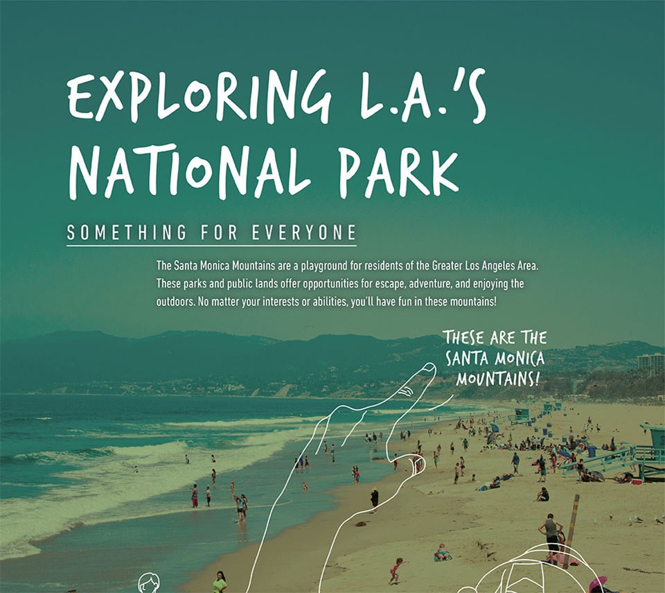 Infographic describing L.A.'s National Park, something for everyone. There is text overlaid on a graphic of the beach and mountains with a drawn-in hand pointing towards the Santa Monica Mountains!
