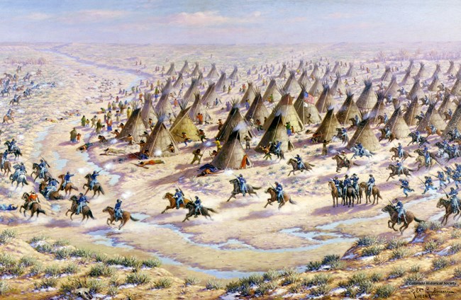 "The Sand Creek Massacre" by Robert Lindneaux portrays his concept of the assault on the peaceful Cheyenne and Arapaho village by the U.S. Army.