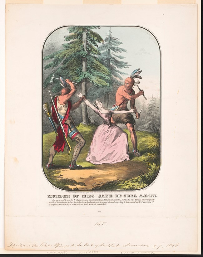 A painting of a woman in a pink dress looks up as one of her wrists is held by a Indeginous man. Another Indigenous man and him wear tan, blue, and red clothing. He also has a firearm and a container with arrows on his back. Both men hold hatchets.