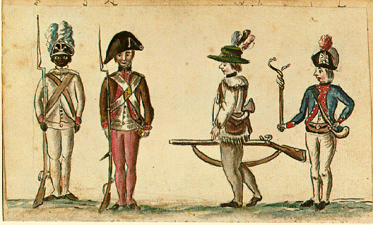 An eyewitness sketch of soldiers of the Continental Army by a French Army officer who participated in the Yorktown Campaign in 1781.