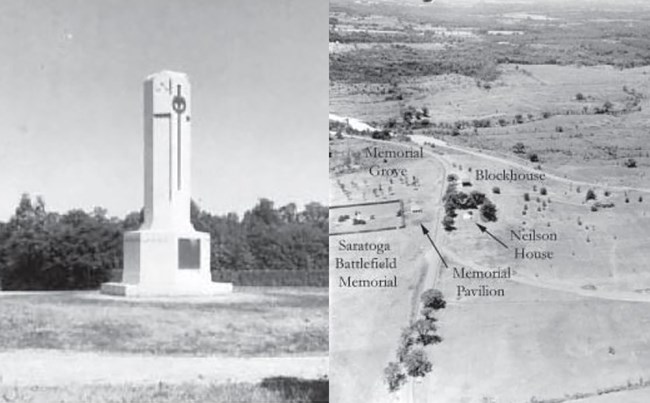 Two vintage photographs. One showing a medium-size granite monument. The other is an aerial view showing a commemorative landscape.