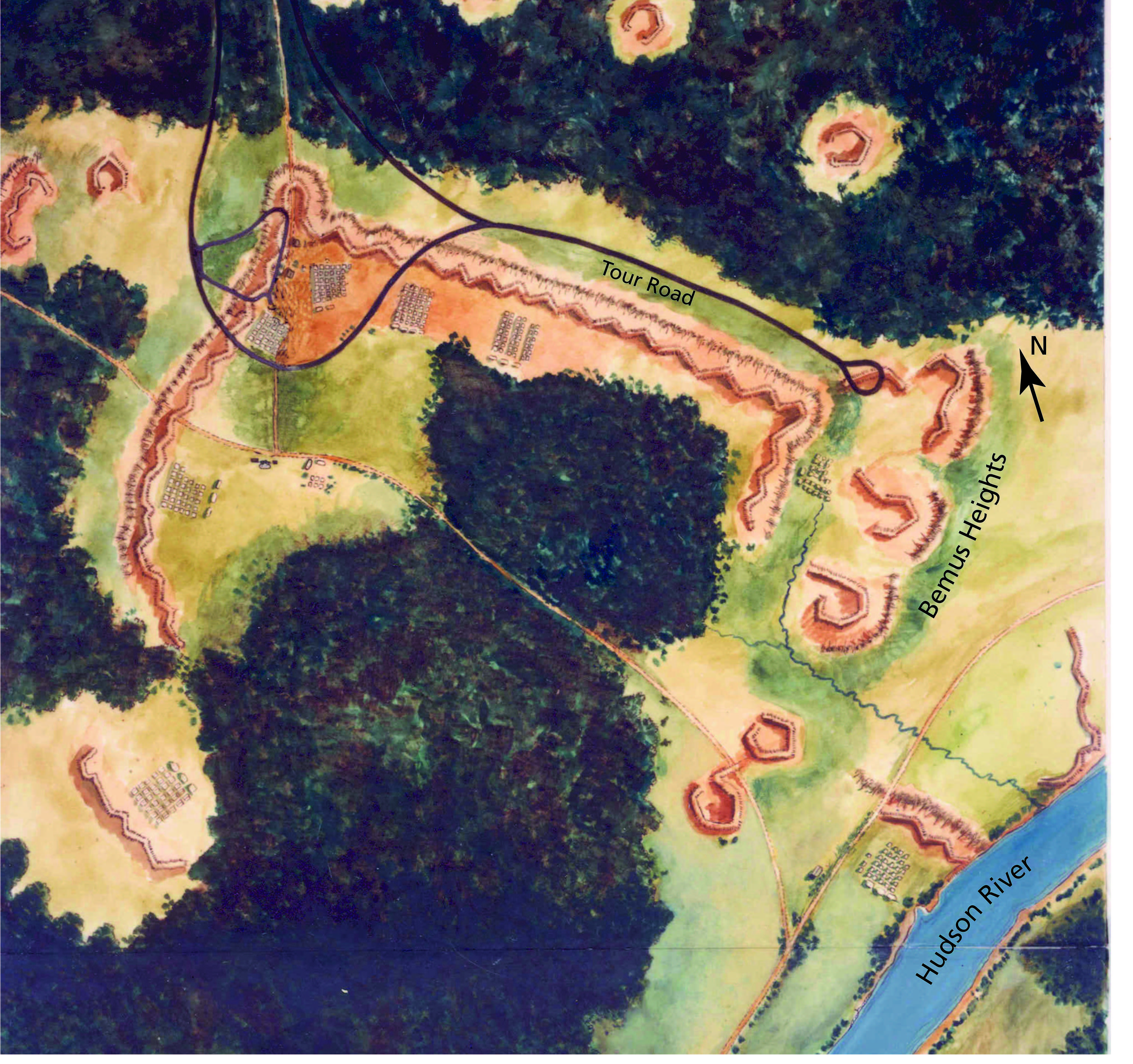 Historical map of Bemus Heights. North is to the upper left, the hudson is on the bottom right of the map.
