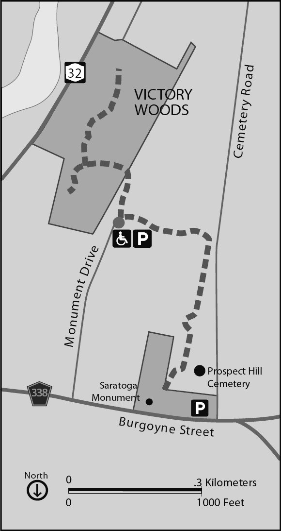 Map showing walking path from Saratoga Monument to Victory Woods