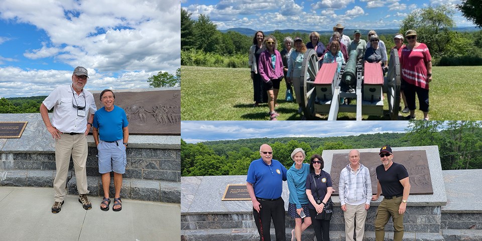 Collage showing three images of tour groups with guide