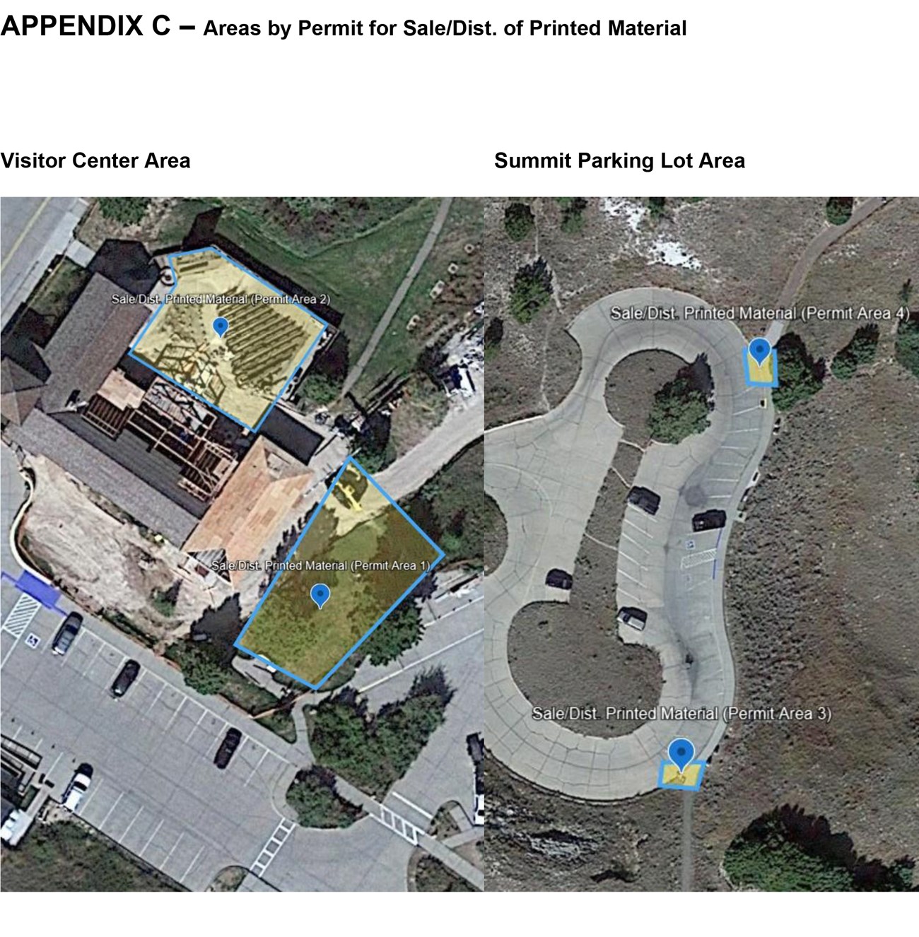 A map showing areas of Scotts Bluff National Monument where sale or distribution of printed matter is permitted.
