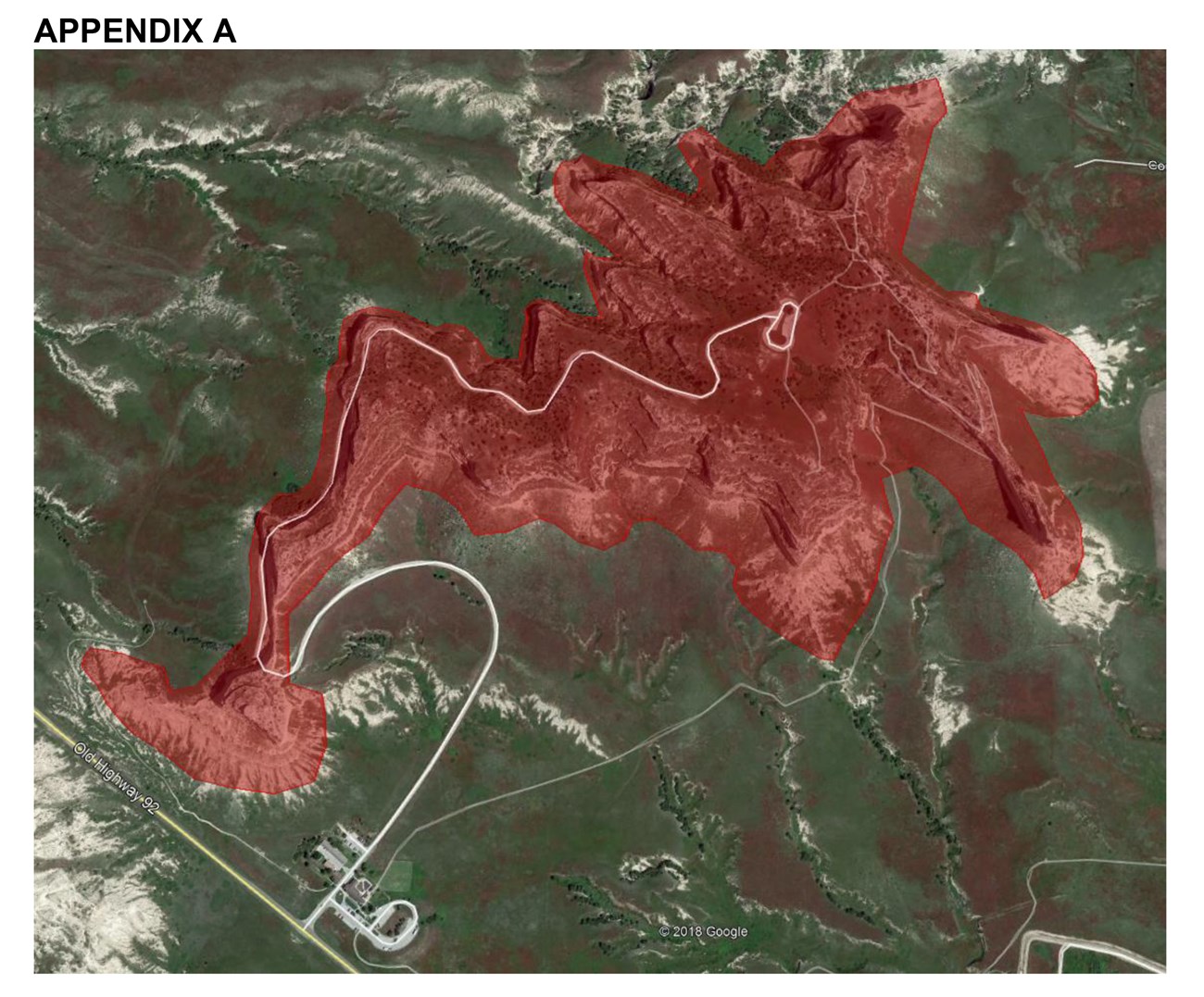 A map of Scotts Bluff with areas that are off limits to off-trail travel marked in red.