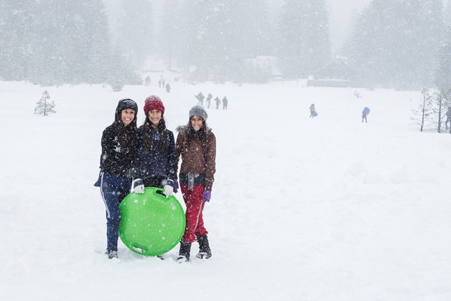 A group of visitors pose in front of a green sled. In the background, many visitors sled down snowy slopes.