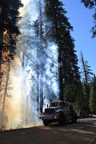 Sunlight shines through smoke next to a road with a wildland fire engine parked