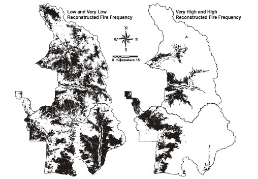 Two maps of Sequoia & Kings Canyon National Parks - left side one highlights areas of lower frequency fire, and right side map shows areas of higher frequency fire