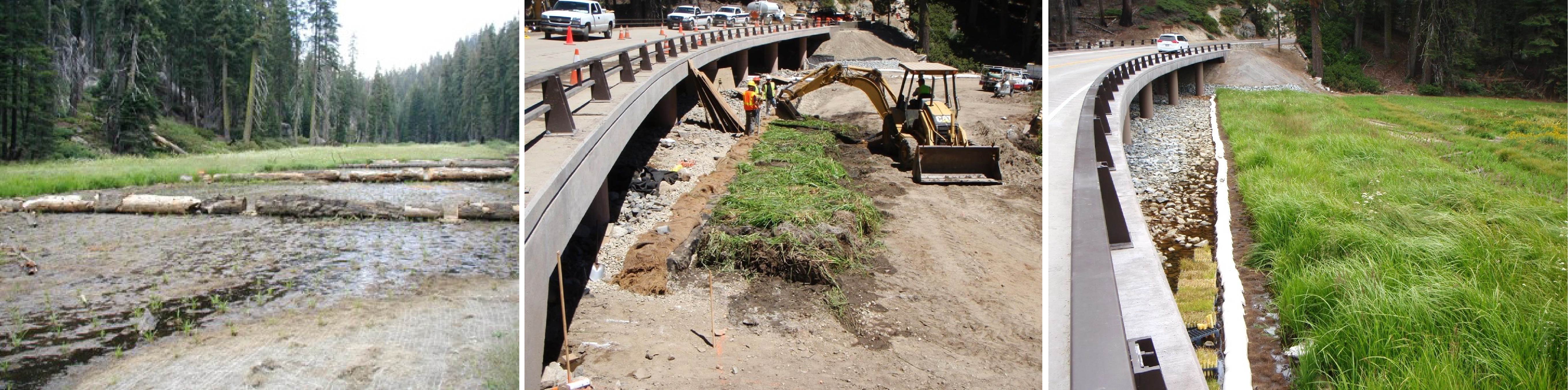 Left image: Water flowing through wetland area with small plants; middle: large excavator places wetland sod on exposed soil; right: dense growth of bright green wetland plants results from salvaged vegetation.