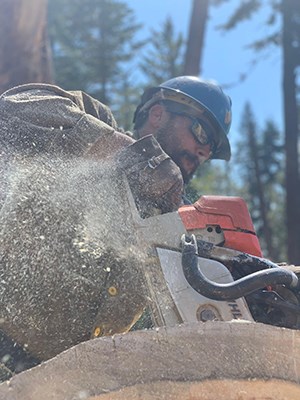 A hotshot uses a chainsaw to perform project work around the station.