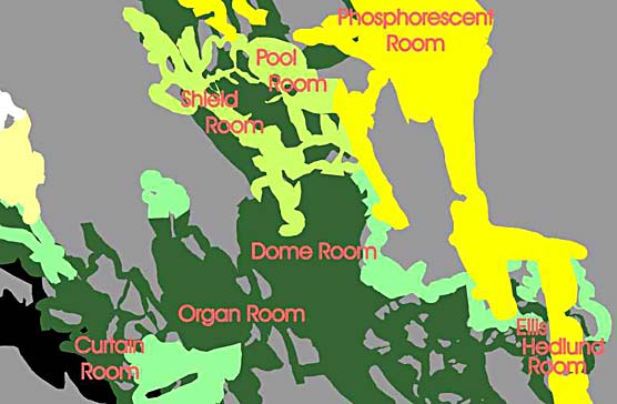 Colored polygons show cave passageways at different levels in Crystal Cave in Sequoia National Park