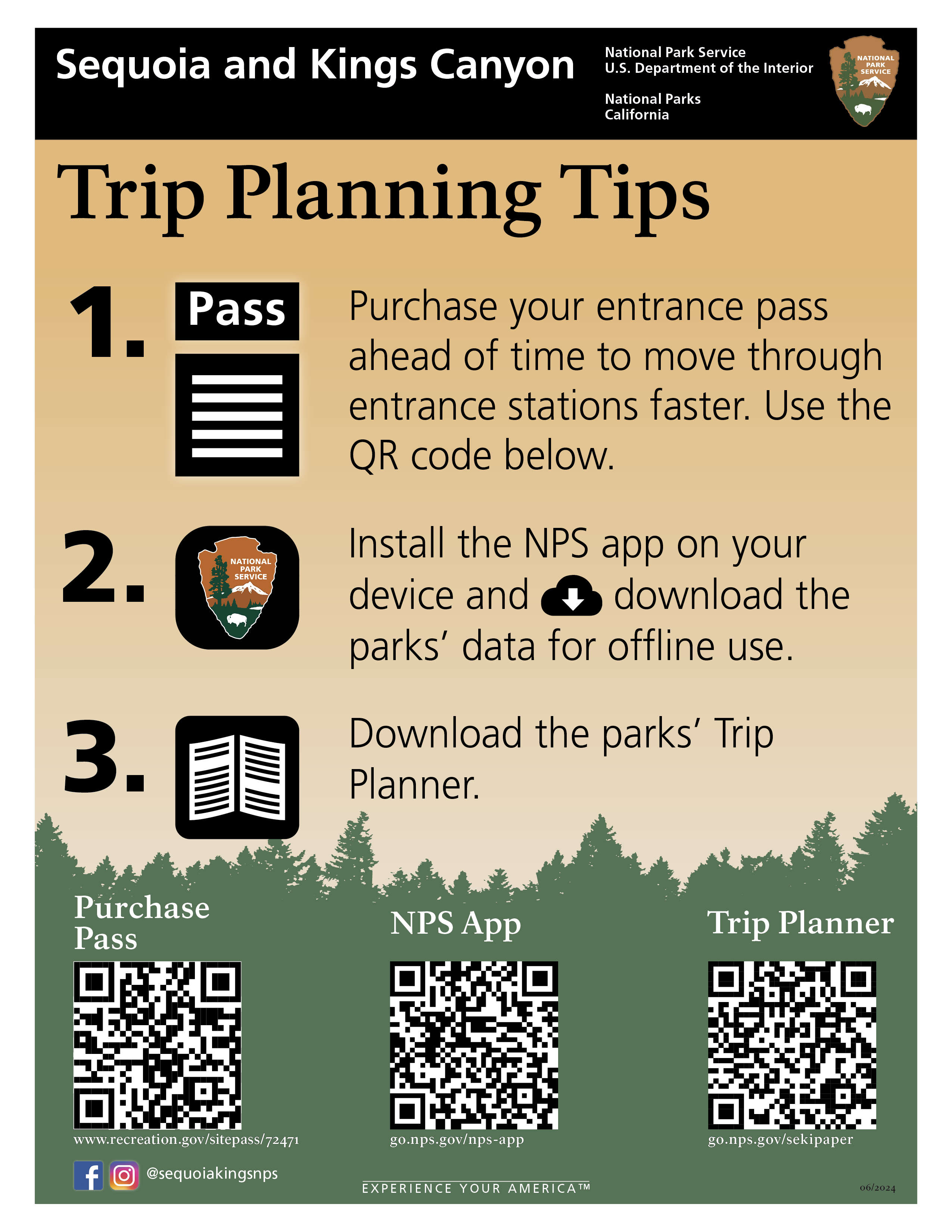 A poster with trip planning tips. Tips are written in description. Three QR codes are displayed for purchasing a pass, the NPS App, and the park newspaper.