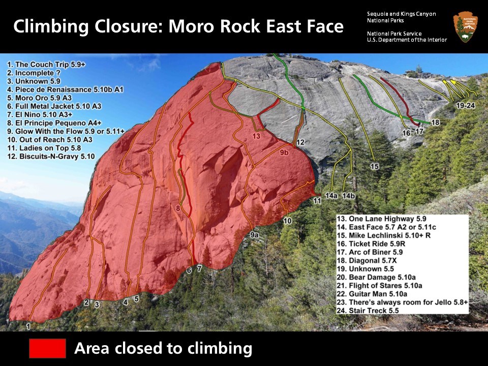 Image of the east face of Moro Rock, with a red outline around the closed area for 2024. Further details can be found in the closure description.