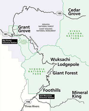 A map of designated areas in Sequoia and Kings Canyon National Parks.