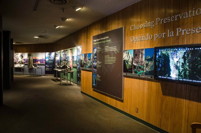 An image of the interior of Kings Canyon Visitor Center, featuring wood walls covered with exhibit panels.