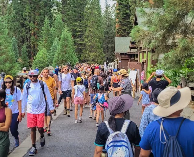 A large group of visitors walks by the Giant Forest Museum. Nearly hidden in the see of people is a park ranger.