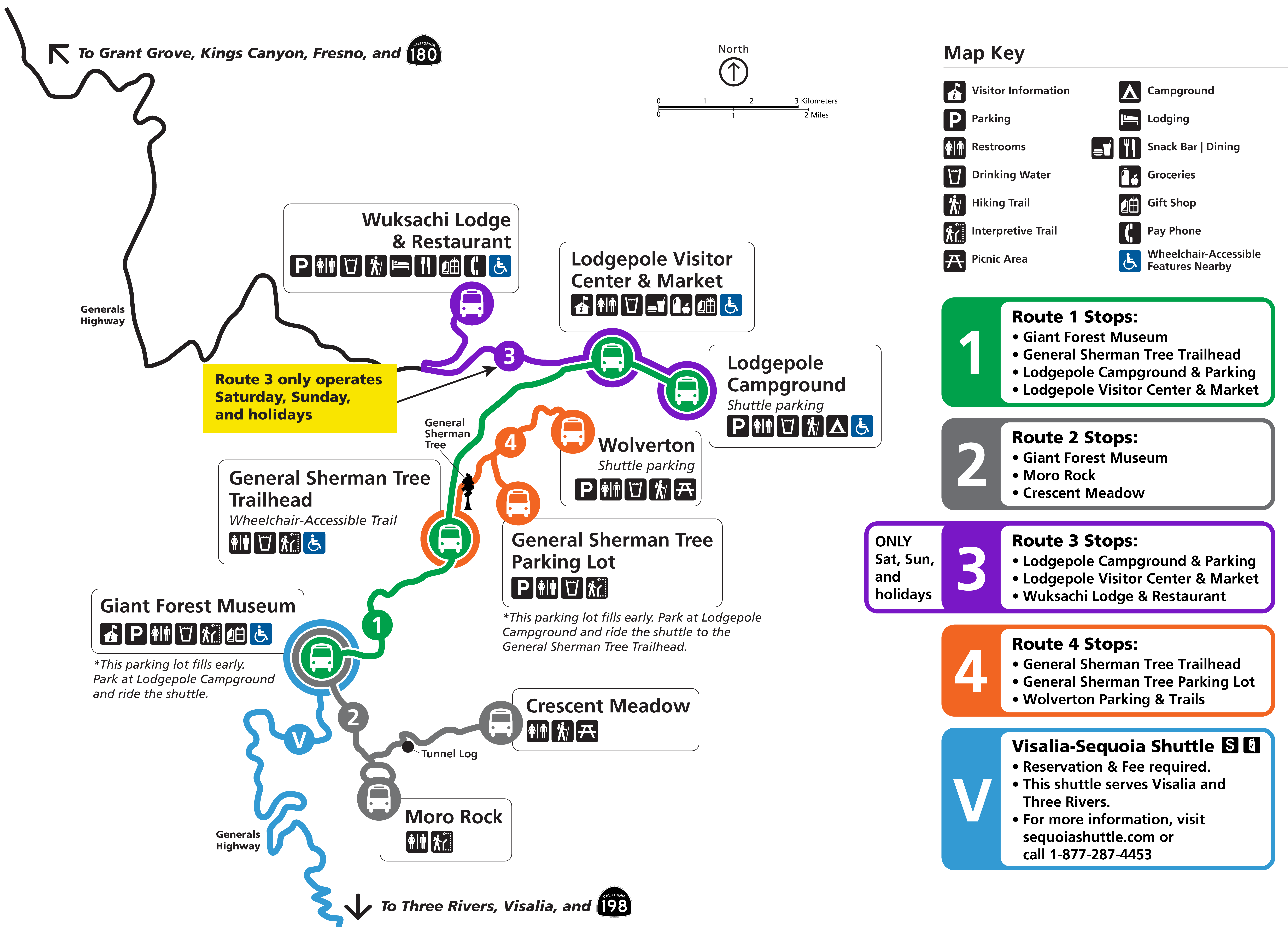 A map that shows the four shuttle routes in the Giant Forest area of Sequoia National Park. Route 1 is indicated with a green line. Route 2 is indicated with a gray line. Route 3 is indicated with a purple line. Route 4 is indicated with an orange line.