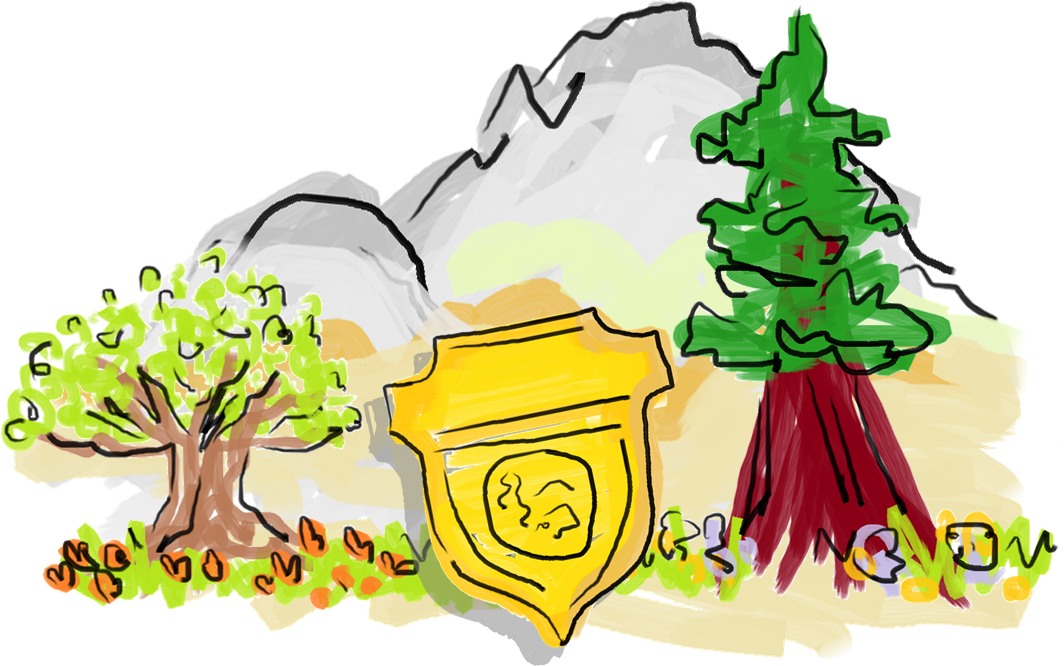 Cartoon drawing of an oak, sequoia, and ranger badge in front of a mountain