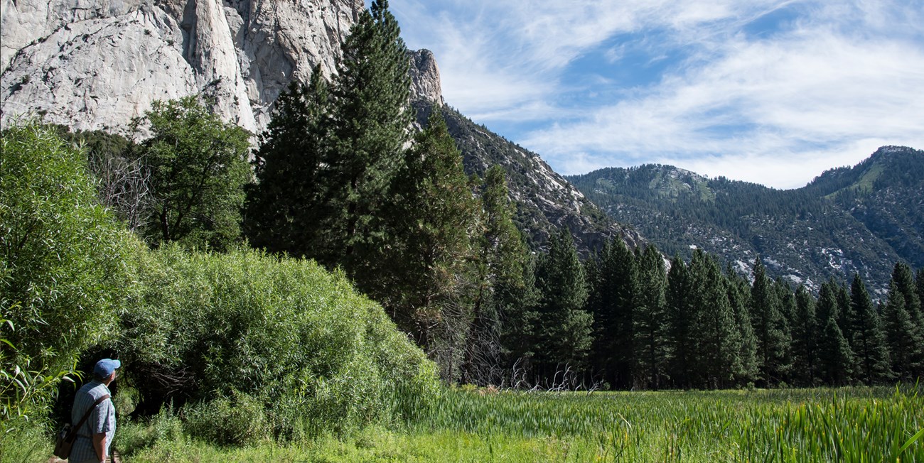 A visitor looks out on a vast meadow surrounded by granite walls.