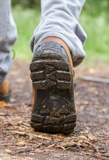 A closeup of a shoe walking down a trail.
