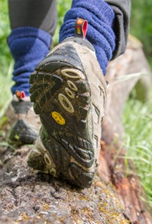 A boot walking on a log in a forest.