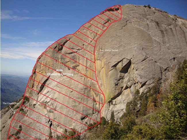 Image of the east face of Moro Rock, with a red outline around the closed area for 2020.