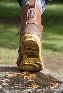 A boot covered in dirt surrounded by tall green grass.
