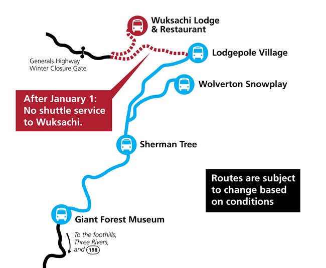 A map of fall and winter holiday shuttle service in the Giant Forest of Sequoia National Park. The route is indicated with a blue line. Stops are indicated with blue circles containing a bus symbol. The segment indicated in red only runs before January 1.