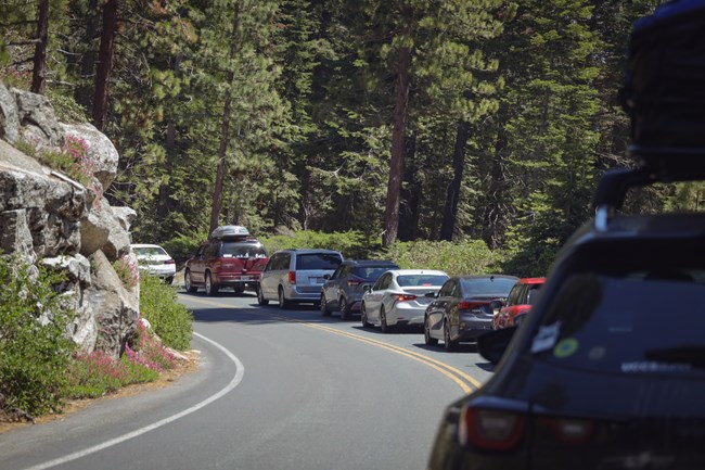 A line of cars on a road lies backed up for a long distance.
