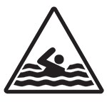 A warning symbol of a person swimming in water.