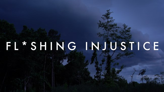 A rural night landscape with white text reading, "Fl*shing Injustice",