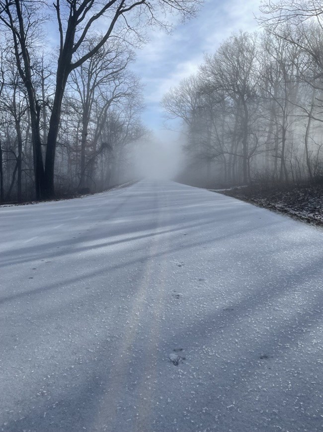 Mile 8 of Skyline Drive covered in a sheet of ice on December 16, 2024