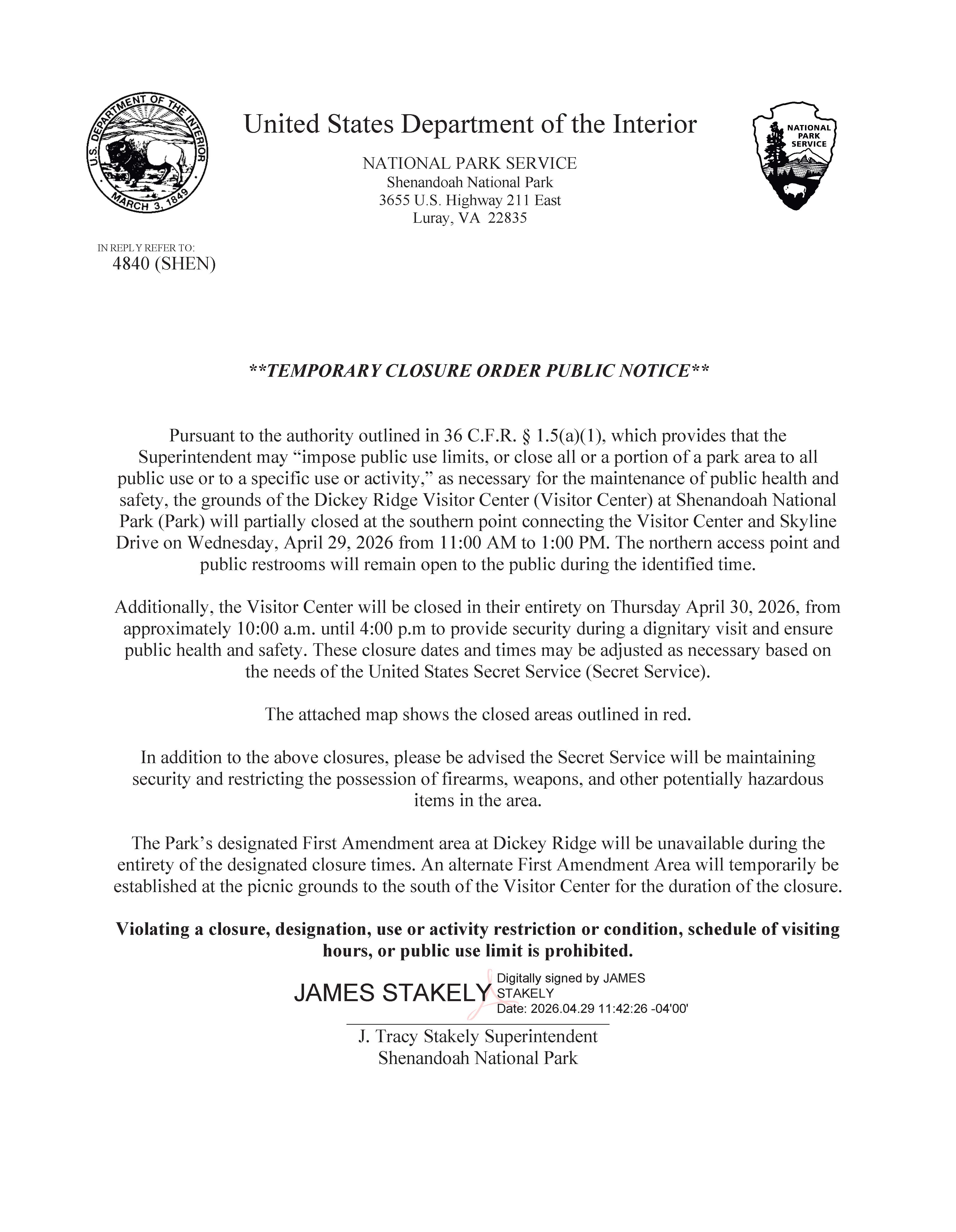 Temporary Closure Order Public Notice - Shenandoah National Park (U.S ...