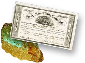Stony Man Mining Co. Stock Certificate 1858 and an example of copper ore.