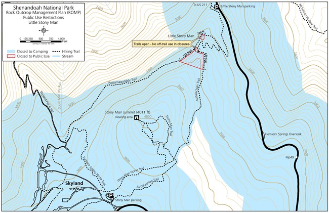 Map of  off trail public use restrictions near Little Stony Man.