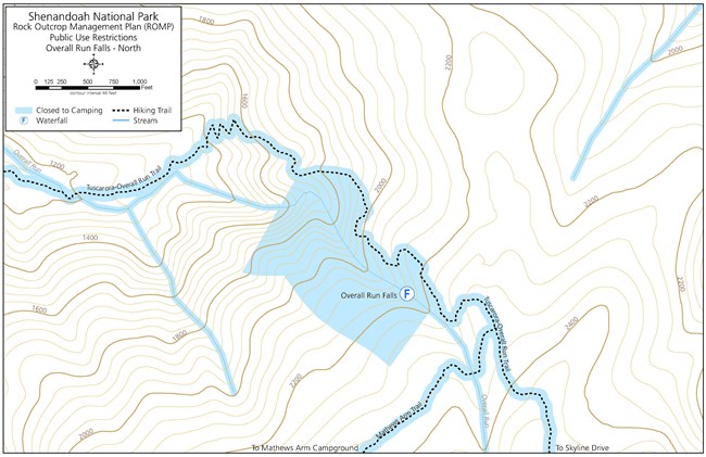 Map of closed to camping areas near Overall Run Falls.