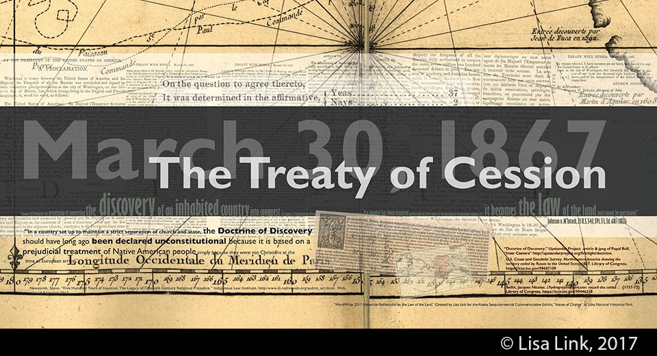 Yellow digital print with white and black text from the March 30, 1867, Treat of Cession.