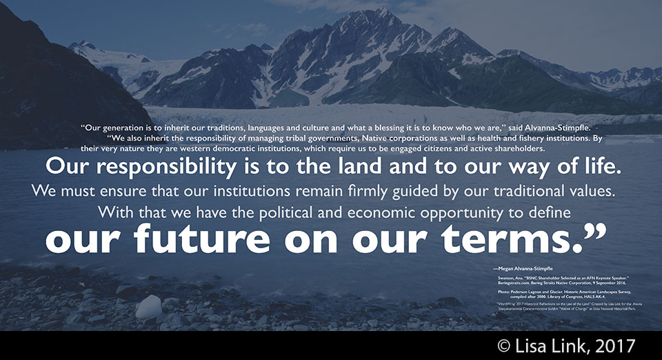 Blue digital print with white text from the 2016 Alaska Federation of Natives keynote speech by Megan Alvanna-Stimpfle.