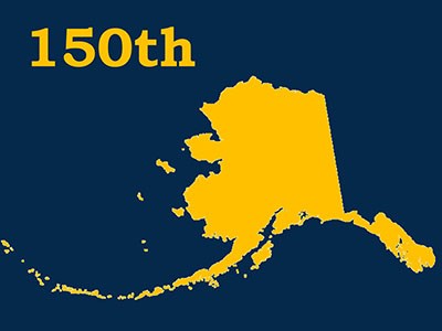 Alaska state image with "150th" written text
