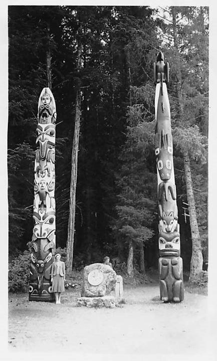 Replica Waasgo Pole and Replica Raven/Shark Pole Alongside Merrill Rock, Circa 1940