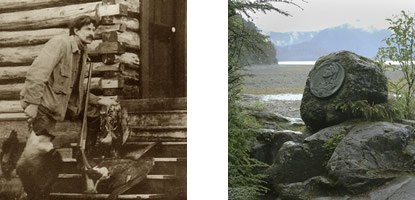 On the left, a sepia-tone photograph of E.W. Merrill standing outside a log home. On the right, a current day photograph of the Merrill Rock plaque with mountains in the background.