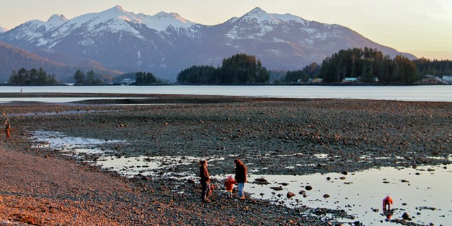 Family with young kids walking along rocky beach with mountains in the background.